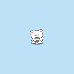 Cute polar bear with coffee waving paw cartoon, vector illustration