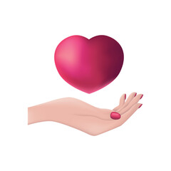 A hand with a heart. A big heart on a woman s hand. Romantic image. A heart in the palm of your hand. Vector illustration isolated on a white background