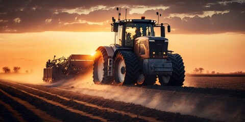 Tractor drives across large field making special beds for sowing seeds into purified soil. Agricultural vehicle works at sunset in countryside. Generative AI - obrazy, fototapety, plakaty