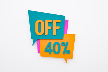 Discount, 40% off. Forty percent discount, sale and special offer sign. Retail marketing, online store and promotion. 3D illustration