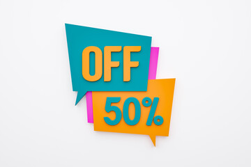 Discount, 50% off. Fifty percent discount, sale and special offer sign. Retail marketing, online store and promotion. 3D illustration