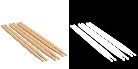 3D rendering illustration of a set of 5A, 5B and 7A drum sticks 