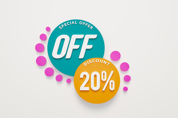 20% off, shopping event. Sale, promotion, twenty percent discount,marketing and special offer sign. Retail, online store and shopping activity to safe money. 3D illustration