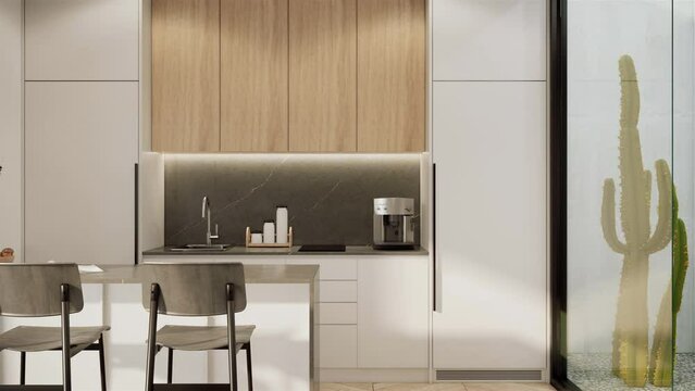 3D rendering interior design of modern apartment minimal kitchen ideas with furniture, video 4K animation