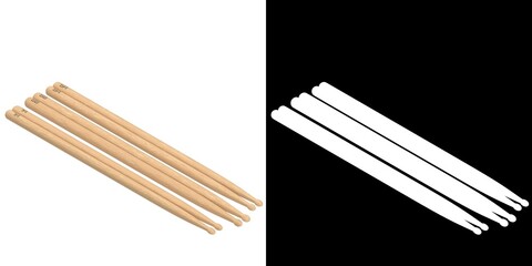3D rendering illustration of a set of 5A, 5B and 7A drum sticks 