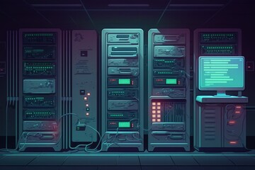image of computer server room with interface screens and information flow. digital interface concept for communication technology, digitally produced image. Generative AI