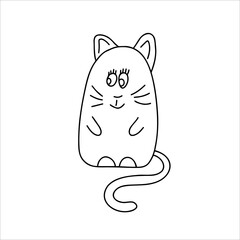 Cute cat. Vector black and white hand-drawn doodles. Template, design, clipart, logo, sketch, icon, coloring book.