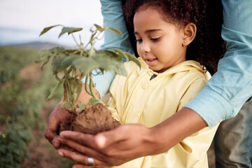 Nature, sustainable and child with a plant on farm for planting eco friendly, organic and green leaves. Agriculture, farming and young agro girl kid holding soil and greenery in field in countryside.