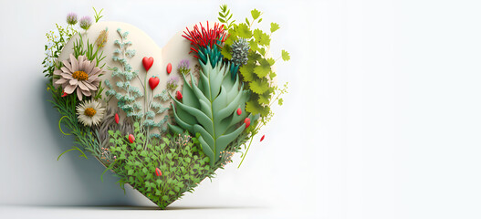 Día de San Valentín.Fondo romántico y colorido con flores y follaje sobre blanco.Concepto de amor y naturaleza en forma de corazón. ai generado