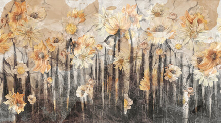 
Poppies peonies, art drawing on a textural background with watercolor stains, photo wallpaper in the interior