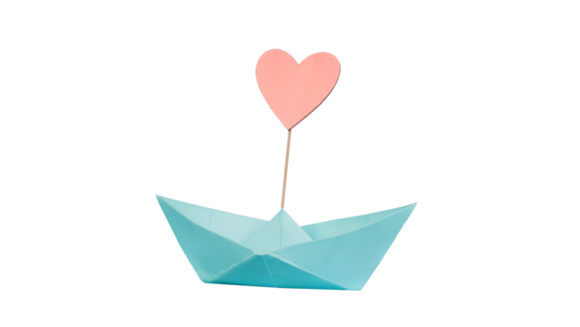 blaues Papierboot mit Herz vor transparenten Hintergrund - Powered by Adobe