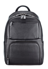Backpack made of genuine durable black leather of excellent workmanship, with a zipper, with external patch pockets, isolated on a white background. Front view.