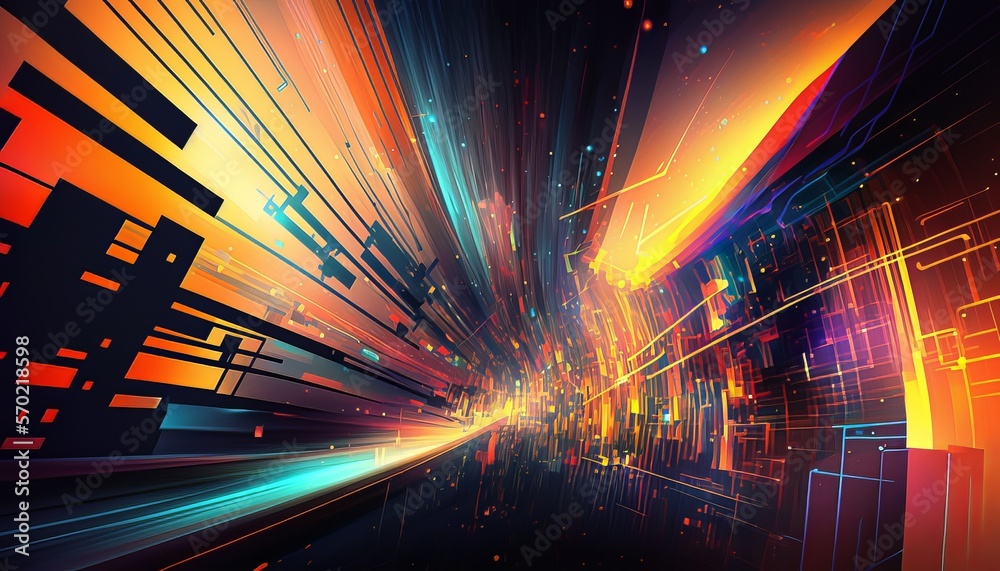 Poster Big data flow moving visualization background. High speed technology core network. Generative AI technology.