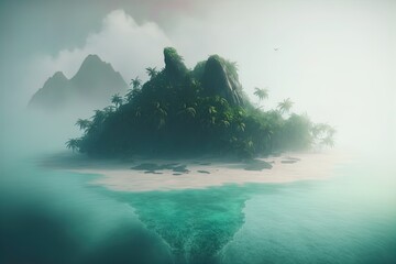 A mysterious island surrounded by fog. - obrazy, fototapety, plakaty