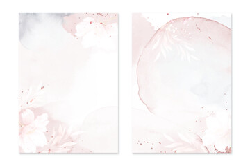Set of card template with gentle watercolor roses on pink stains