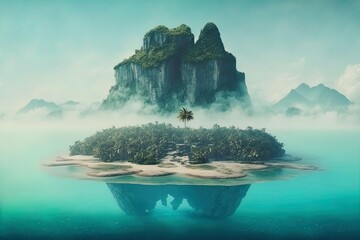 A mysterious island surrounded by fog. - obrazy, fototapety, plakaty