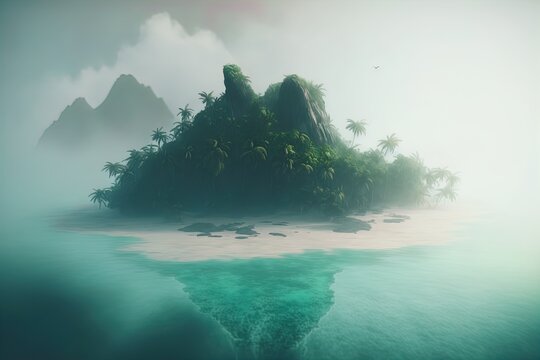 A mysterious island surrounded by fog.