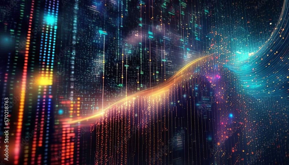 Poster Big data flow visualization binary number background. High speed network. Generative AI technology.