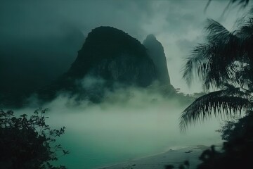 A mysterious island surrounded by fog.