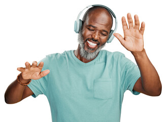 A happy carefree senior black man dancing while listening to music with headphones isolated on a png background. - obrazy, fototapety, plakaty