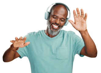 A happy carefree senior black man dancing while listening to music with headphones isolated on a png background.