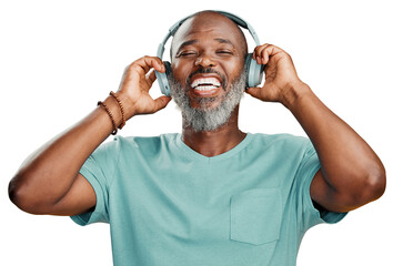 A carefree senior black man wearing headphones  and listening to his favourite music isolated on a PNG background.