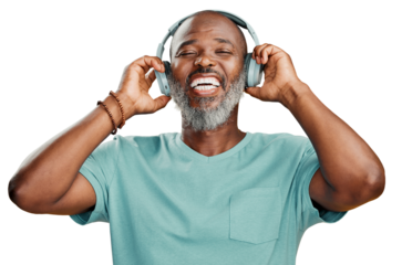 A carefree senior black man wearing headphones  and listening to his favourite music isolated on a PNG background.