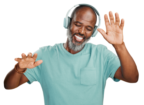 A happy carefree senior black man dancing while listening to music with headphones isolated on a png background.