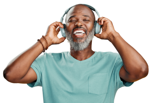 A carefree senior black man wearing headphones  and listening to his favourite music isolated on a PNG background. - Powered by Adobe