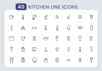 Cooking related line icon set. Vector illustration. Outline icons about kitchen. Pot, pan and kitchen utensils linear icons. Cooking recipe outline vector signs and symbols collection.