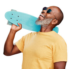 A mature african american man standing with a mini skateboard. Handsome and carefree man wearing sunglasses and laughing happily. He is ready for summer isolated on a png background.