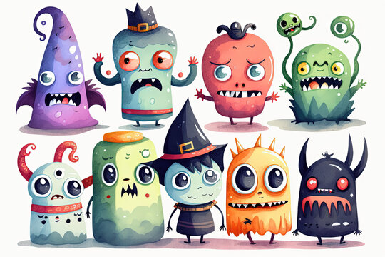 Halloween, Genart, AI, Watercolor, Cute, Monster
