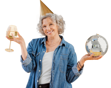 One happy mature caucasian woman holding a disco ball and drinking a glass of white wine while wearing a birthday hat. Smiling white lady celebrating bithday isolated on a png background. - Powered by Adobe