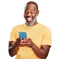 A happy African American man standing holding and using his cellphone to browse the internet....