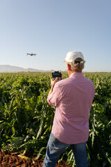 Farmer flies a drone over the organic farming field to inspect the pests and the irrigation system. vertical photo