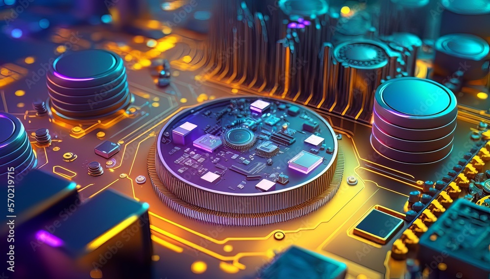 Poster Disk blockchain chip background. Circuit machine mining network. Generative AI technology.