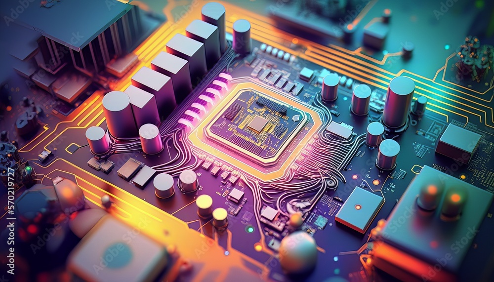 Aufkleber Micro circuit chip on motherboard background. Futuristic big data network. Generative AI technology.