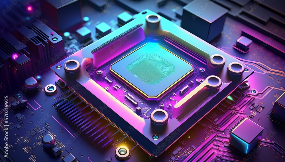 Poster Futuristic circuit chip on motherboard background. Blockchain big data network. Generative AI technology.