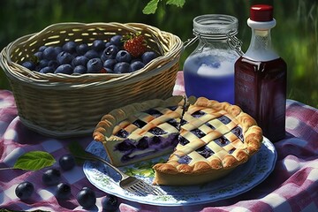 delicious blueberry pie in a picnic setting with scenery in the background. ai generative