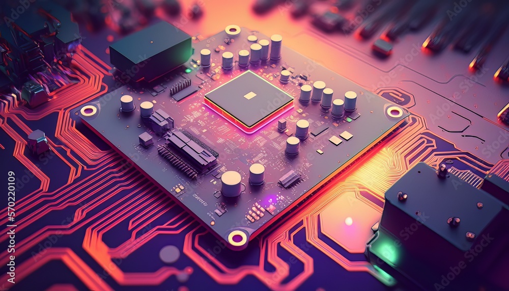 Poster Big data circuit chip on motherboard background. Technology science network. Generative AI technology.