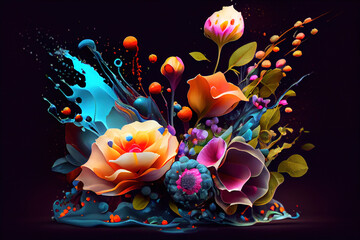 Obraz na płótnie Canvas Arrangement of flowers liquid splashes and organic shapes. Generative AI