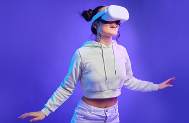 Future of ai, woman with vr headset and digital transformation for metaverse experience in...