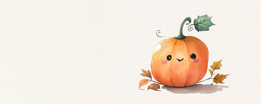 Cute Pumpkin Halloween - Watercolor (Generative AI Art) - with copy space