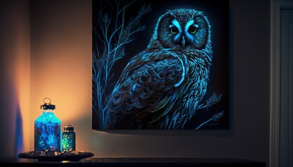 Owl painting on a wall, interior design, Generative AI