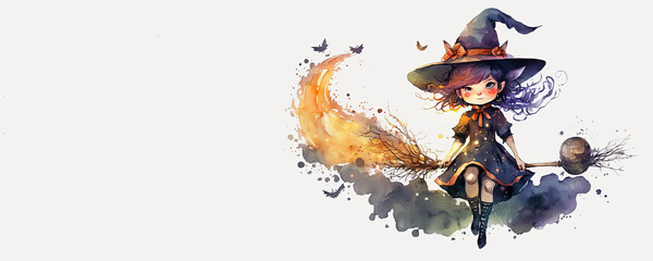 Cute Witch with Broom Halloween - Watercolor (Generative AI Art) - with copy space
