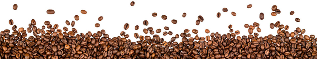 wide panorama background of fresh roasted arabica coffee espresso beans isolated on white background. good morning breakfast concept