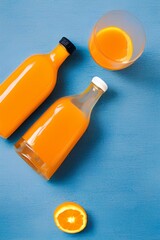 A bottle of orange juice and a glass of orange juice on a wooden table on a blue background - generative ai