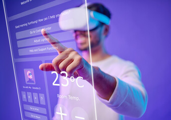 Future, overlay or man typing in metaverse on purple background searching, cyber or scifi on digital overlay. Ux screen, virtual reality user or happy person in futuristic 3d ai experience in studio