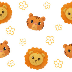 Lion and tiger seamless pattern. Cute baby lion and tiger faces and little doodle flowers. Transparent background, high resolution, 300dpi