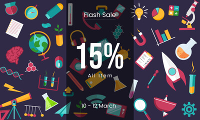 Colorful Flash Sale with science icon background, back to school sale banner, poster, flat design colorful, vector